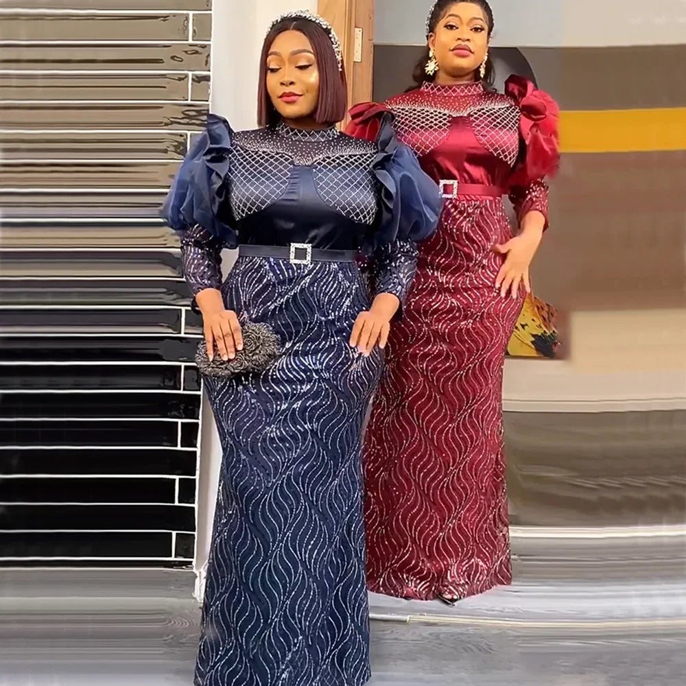 Maxy Plus Size Luxury Sequin Evening Party Long Dresses for Women Dashiki Ankara Turkey Outfits Gowns Africa Clothing