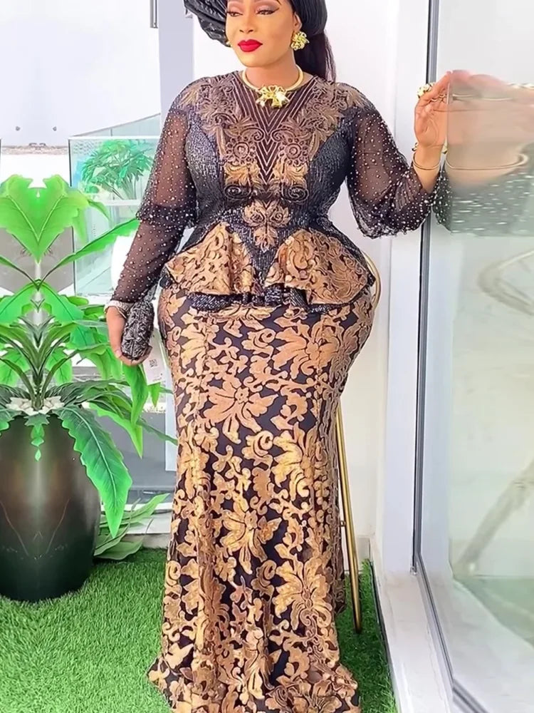 Maxy Plus Size African Party Dresses For Women New Fashion Dashiki Ankara Sequin Wedding Gowns Elegant Turkey Muslim Maxy Dress