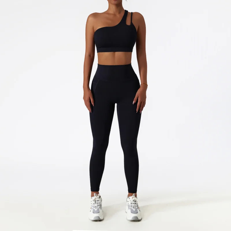 Maxy Sportswear Yoga Set Quick-Dry Tight Suit With Pocket Sports Women Tracksuits Asymmetric Shoulder Running Gym Leggings