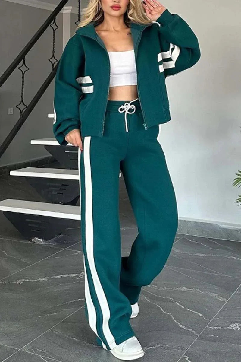 Maxy Fashion Long-sleeved Stand-up Collar Zipper Top + Wide-leg Pants 2-piece Set Women Autumn Striped Splicing Sport Suit Female Y2K