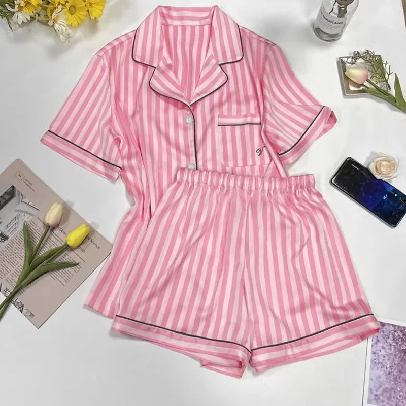 Babs Women's Pajamas Set Sleepwear Summer 2 PCS Short Sleeve Tops and Shorts Faux Silk Satin Soft Striped Printing Home wear Outfits