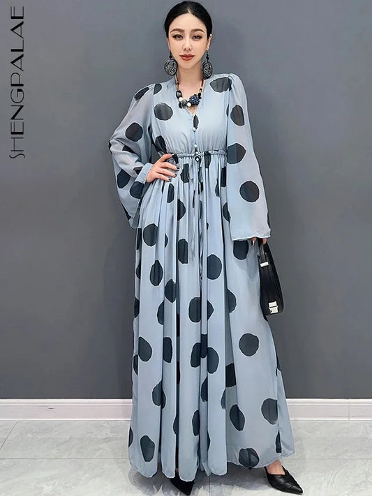 Babs Spring Summer New Chiffon Printed Polka Dot Jumpsuit V-neck Long Sleeved Wide Leg Skirt Pants Women's Elegance