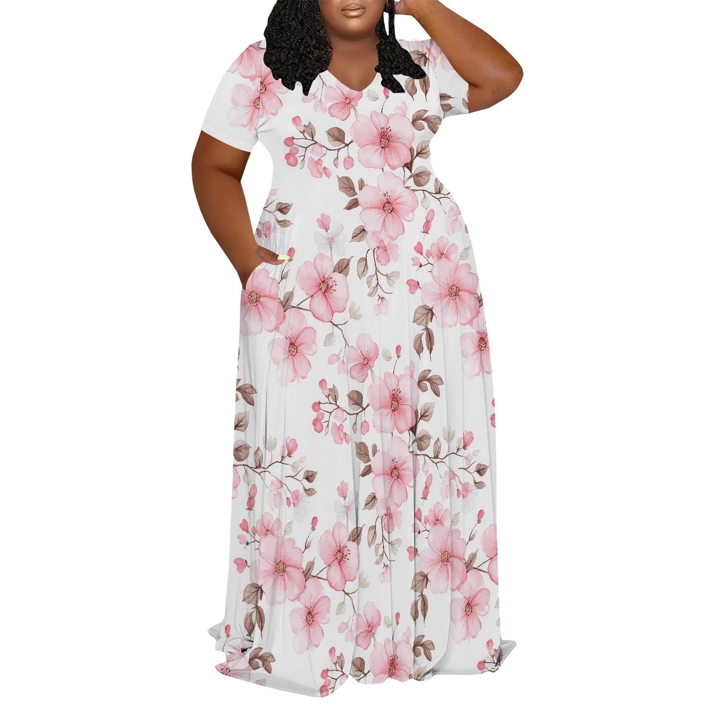 Amay Plus Size Dress for Women Casual V Neck Short Sleeve Empire Waist Maxy Dress Loose Oversize Flowy Long Dress with Pockets