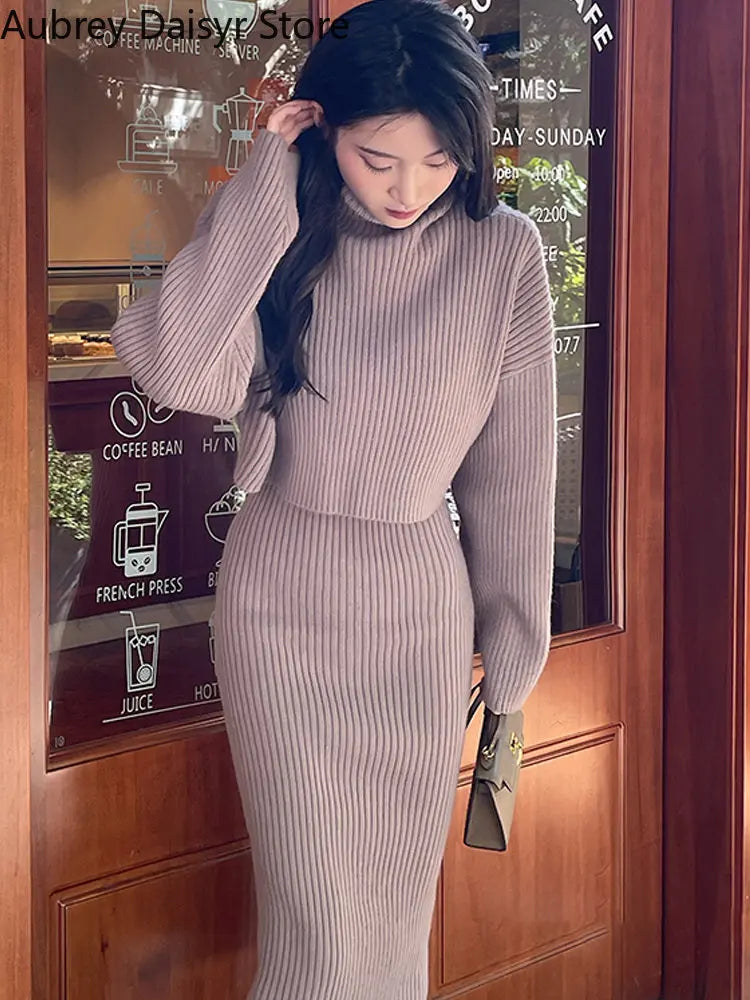 Maxy Elegant Sweet Knitted Dress Women Winter Korean Vintage Chic High Collar Sweater Dress Casual Slim 2 Piece Sets Womens Outfits