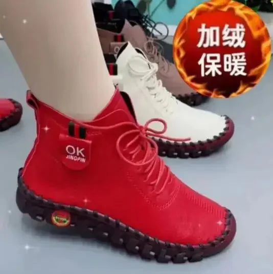 Maxy NEW Women Shoes Autumn Loafers Lace Up Sneakers Casual Flats Solid Soft Bottom Boots Leather High-Top Sneaker Female Shoes