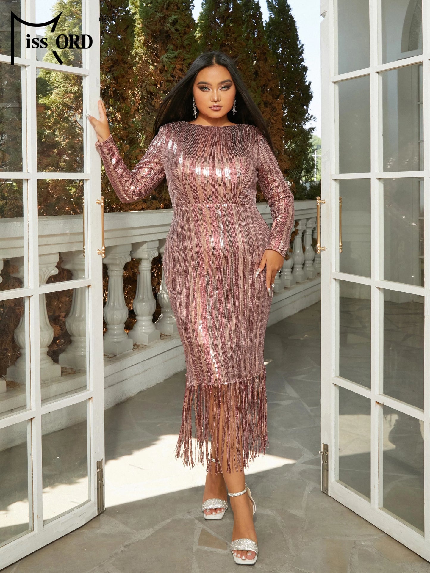 Missord Elegant Rosegold Sequin Tassels Midi Plus Size Dress Women O-Neck Long Sleeve Bodycon Wedding Party Dresses Prom Gown