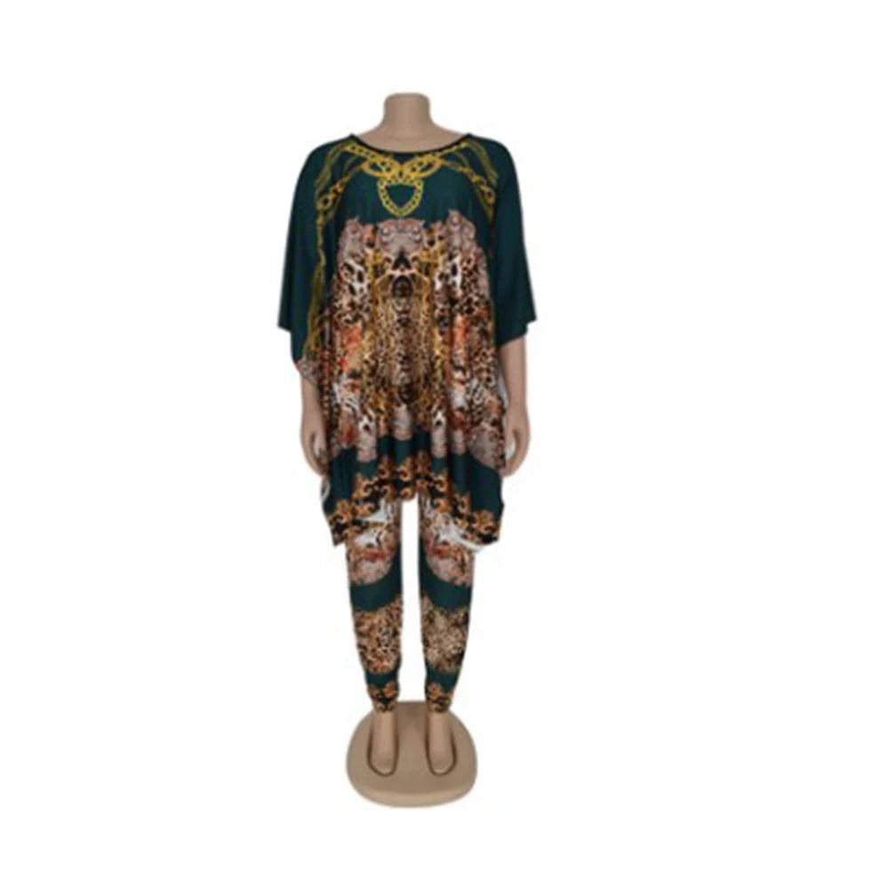 Maxy Loose African Style Women Top Pants Two Pieces Set Leopard Print Plaid Striped Dashiki Brand Outfit Party Fashion Lady Suit