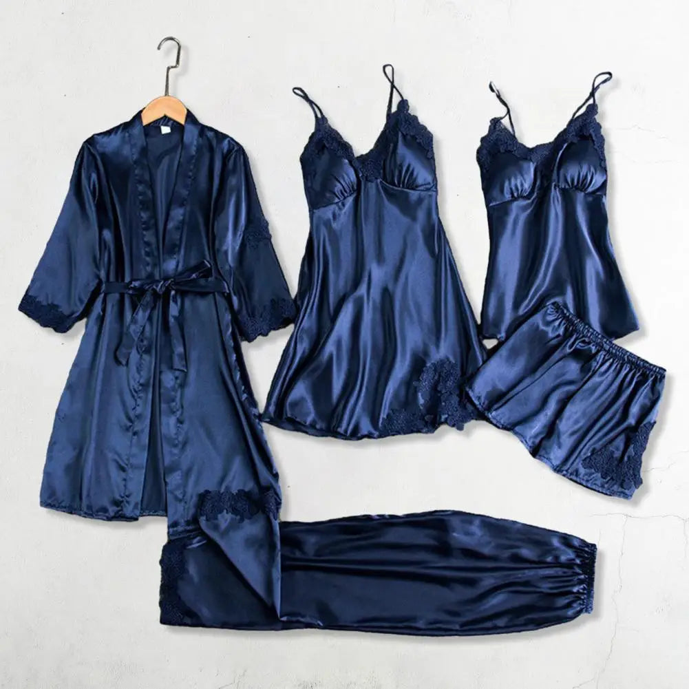 Silk Pajama Set Elegant Satin Lace Pajama Set with Lace-up Waist 5-piece Women's Nightwear Set Silky Nightgown with Top Shorts