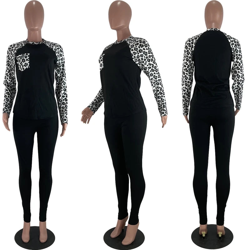 Maxy Leopard Print Patchwork Two Piece Set Women Top Pants Set Sweat Suits Women Matching Sets Casual Tracksuit Women Sport Suit