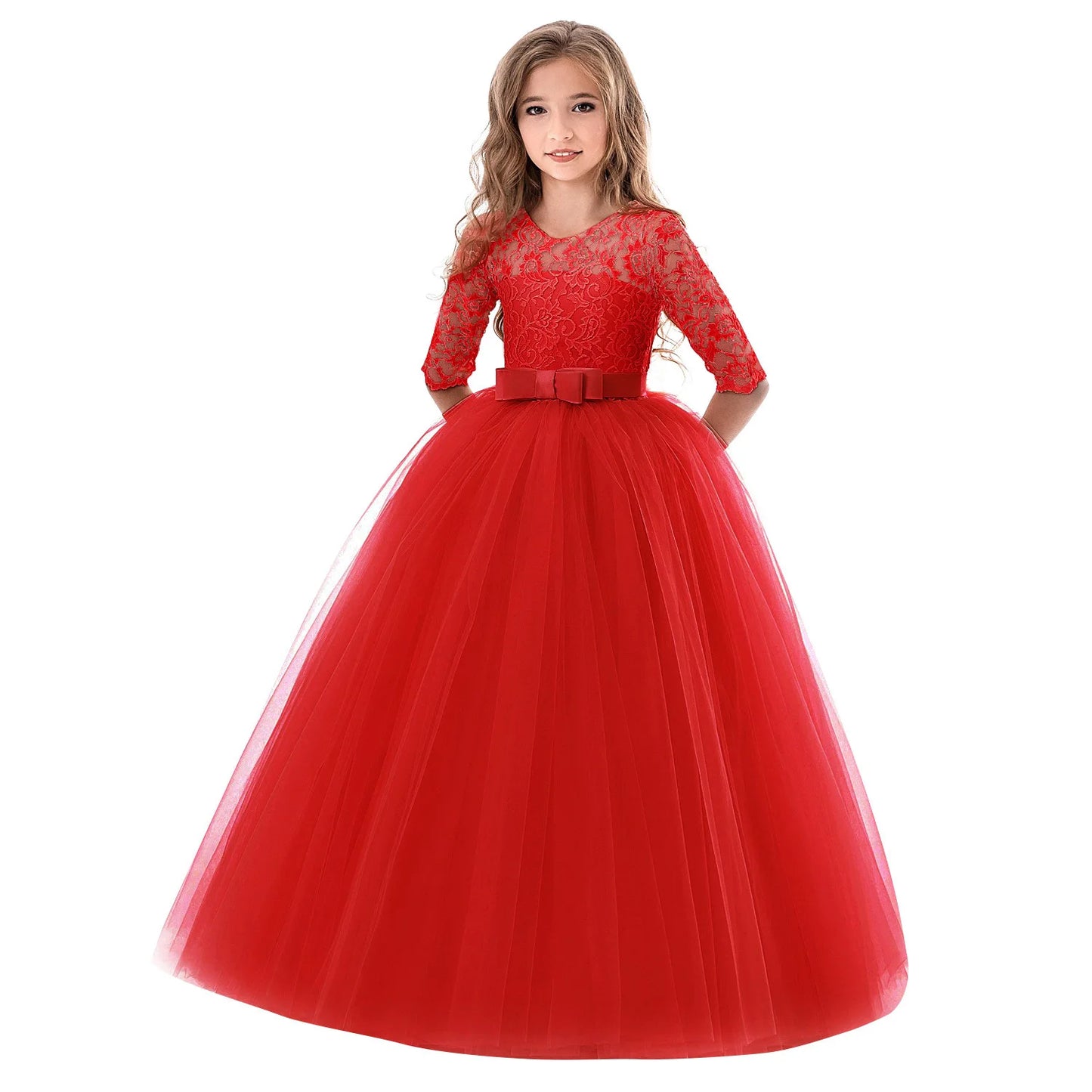 Maxy Girls Lace Embroidered Bow Princess Dress Long Sleeve Tulle Gown For Toddler First Communion Bridesmaid Wedding Birthday Party