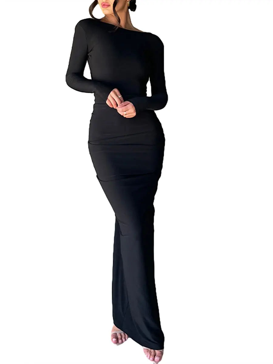 Maxy Women Long Bodycon Dress Solid Color Deep V-Neck Long Sleeve Dress Spring Fall Evening Party Dress