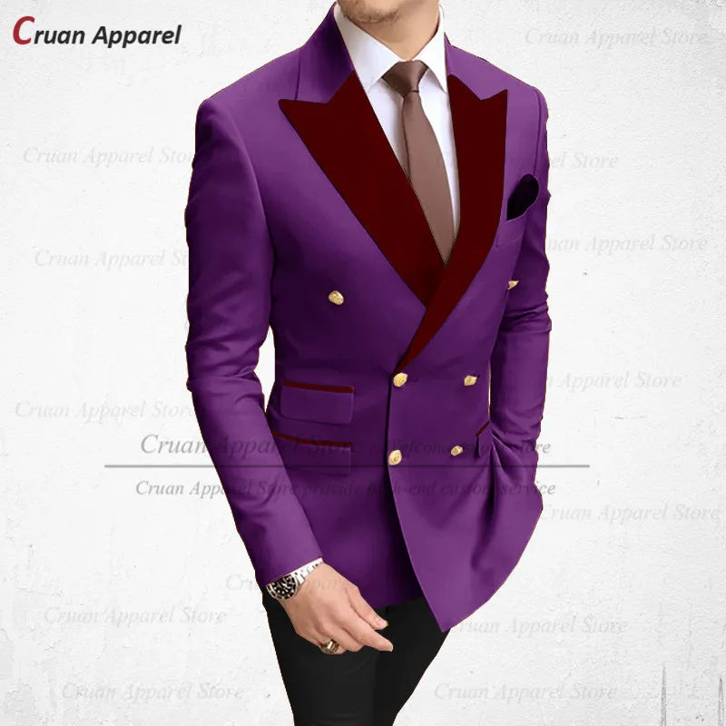 Visco Tailor-made 2024 Sky Blue Men's Suits 2Pcs Slim Fit Best Man Groom Wedding Tuxedo Fashion Burgundy Velvet Lapel Blazer Pants Set