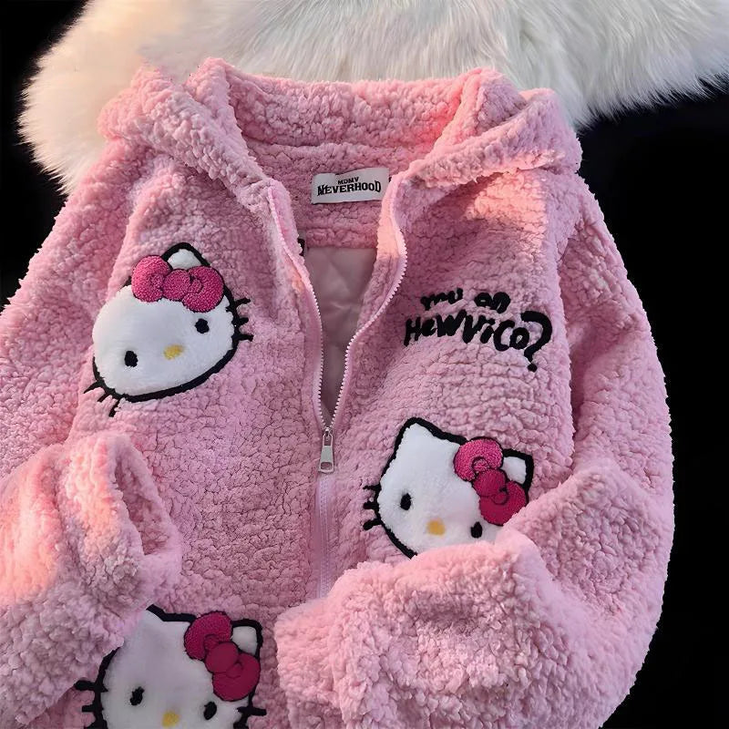 Maxy Hello Kitty Zip Hoodie Girl Loose Cardigan Coat Streetwear Women Clothes Oversized Sweatshirt Cardigan Plush Jacket Sweater