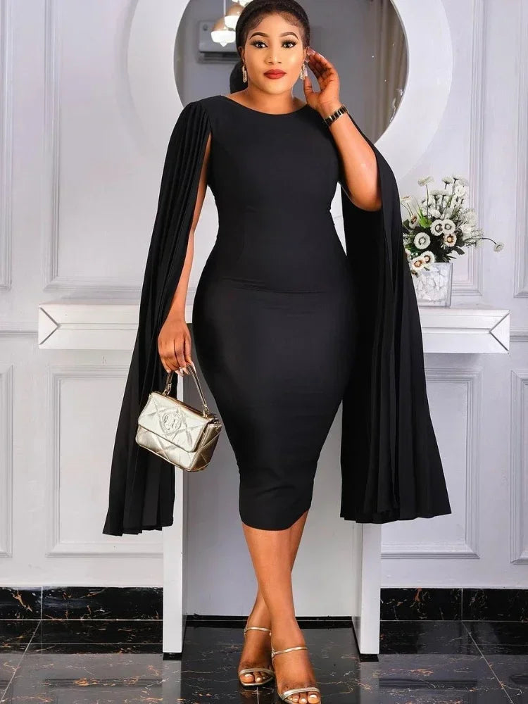 Women Bodycon Maxy Dress Party Cloak Pleated Sleeves Sheath Christmas Celebrate Homecoming African Gowns Female Spring 2024 Robes New