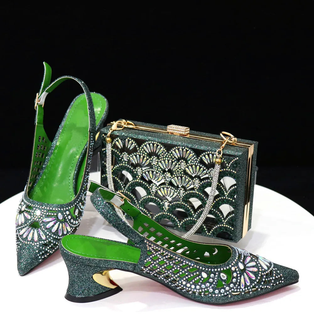 Maxy New Arrival African Pumps Shoes and Bag to Match Set Italian Summer Decorated With Rhinestone Ladies Shoes With Party Bag Set