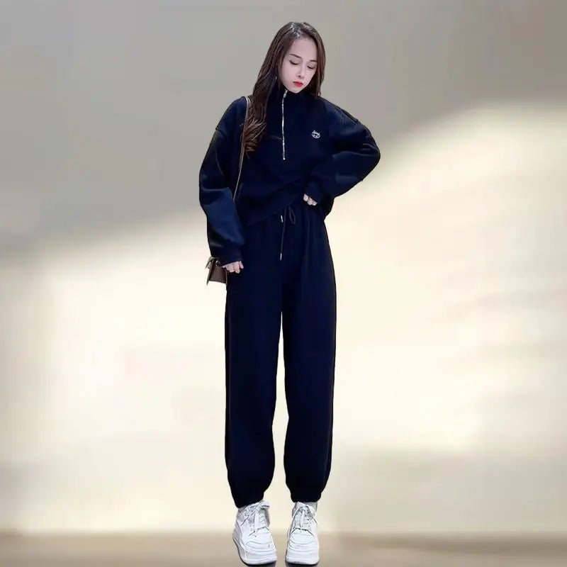 Amay Casual Pants Set for Women, Autumn and Winter Standing Collar Long Sleeved Sweatshirt, Sweatpants Sports Set for Women