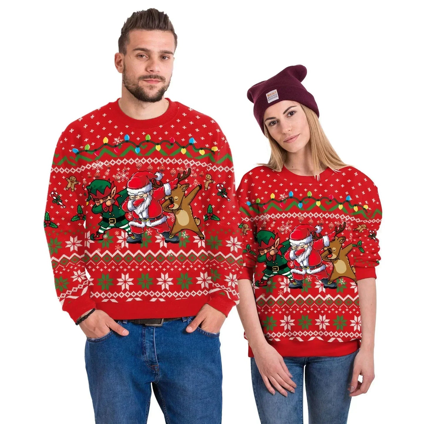 Christmas Pullovers Sweaters for Men Christmas Reindeer 3D Printed O-Neck Sweater Top Couple Clothing Holiday Party Sweatshirts