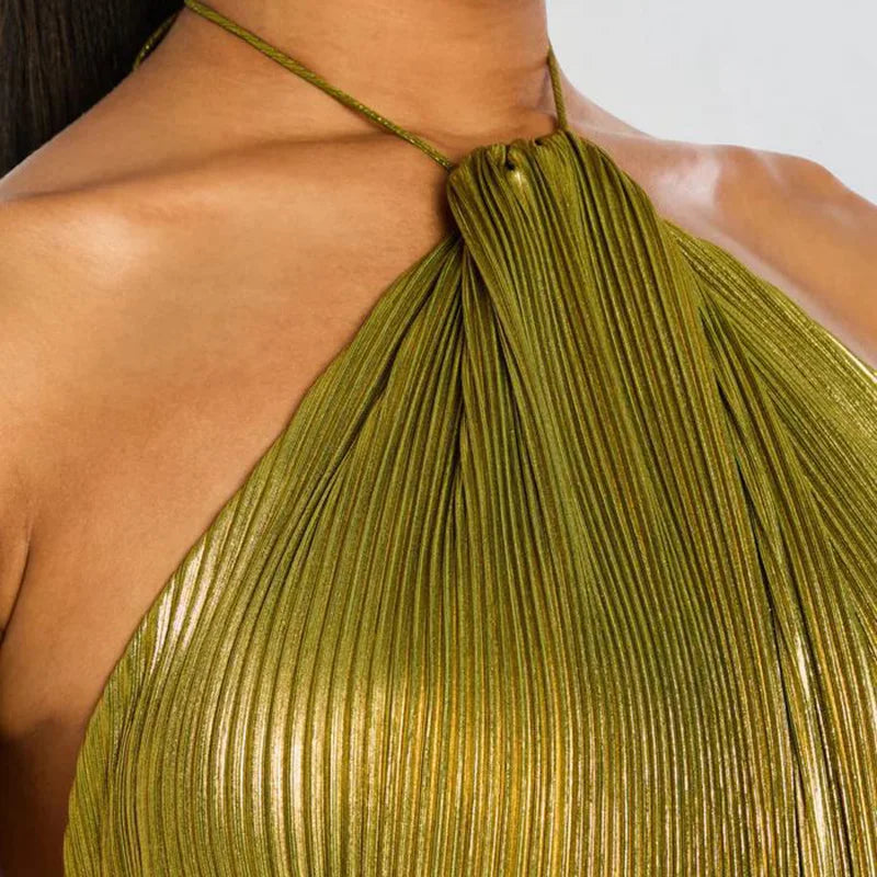 Maxy Gold Sexy Halter High Split Gowns Evening Dress Woman Chic Solid Hollow Pleated Long Dress Spring Summer Backless Zip Maxy Dress