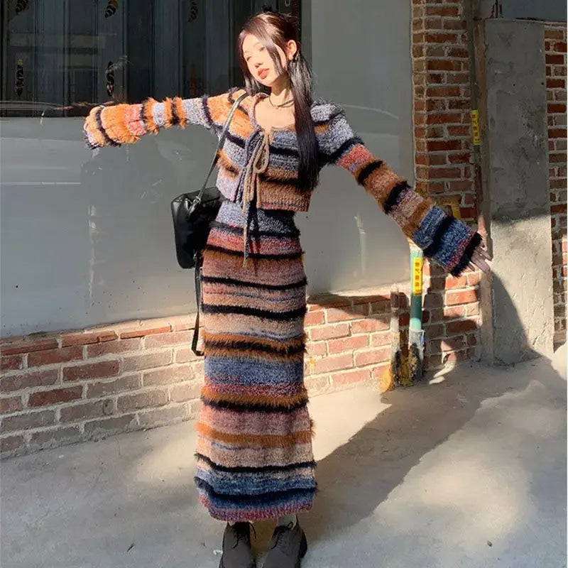 Maxy Striped Knitted Two-Piece Sets Women Korean Style Sexy Long Sleeve Cardigan Autumn Winter Sweater Sling Dress Y2k Suits