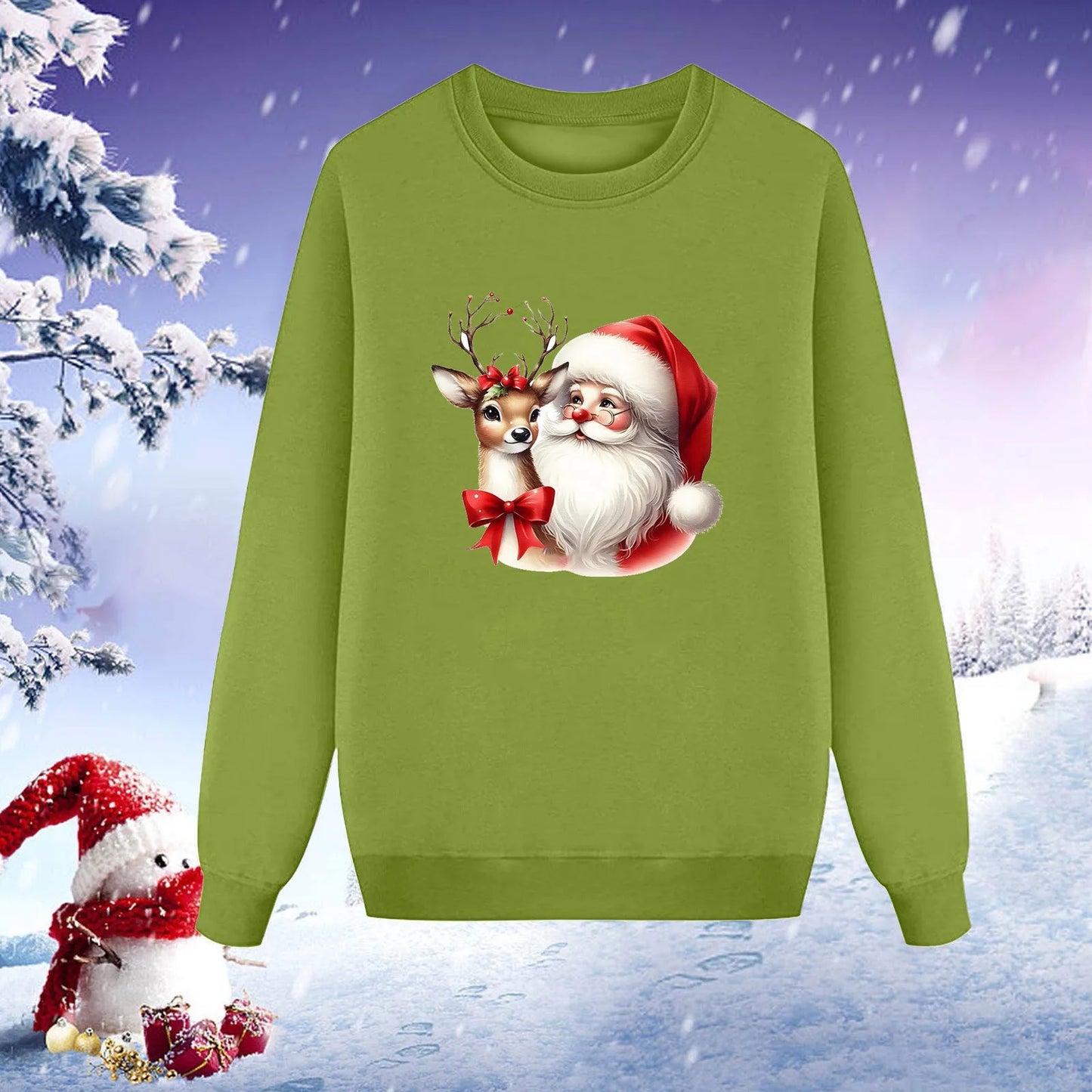 Christmas Family Set Santa Deer Print Long Sleeve Round Neck Plus Fleece Mother Father Kid Hoodie Family Matching Family Pajamas