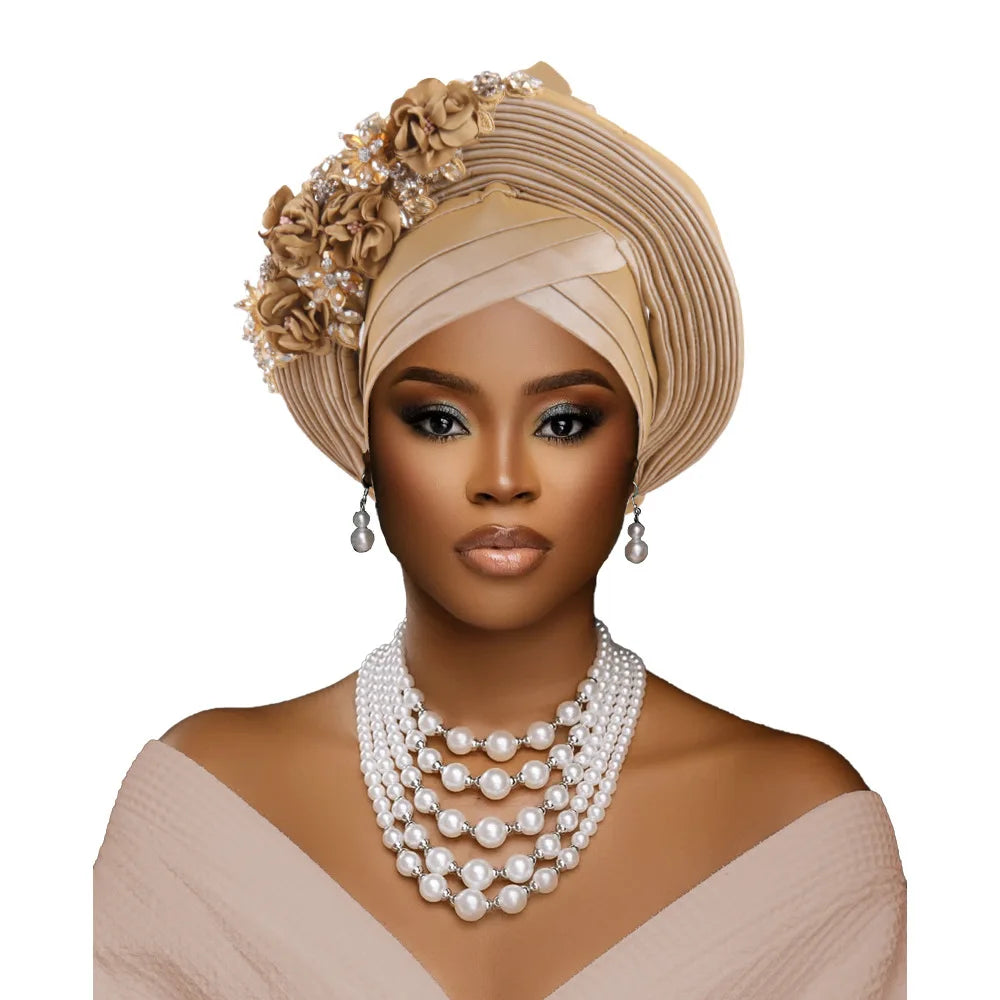 Maxy Fashion African Head tie Turban Nigeria Head Ties Flowers Already Made Auto Gele Women Head Wraps for Wedding Party Headpiece New