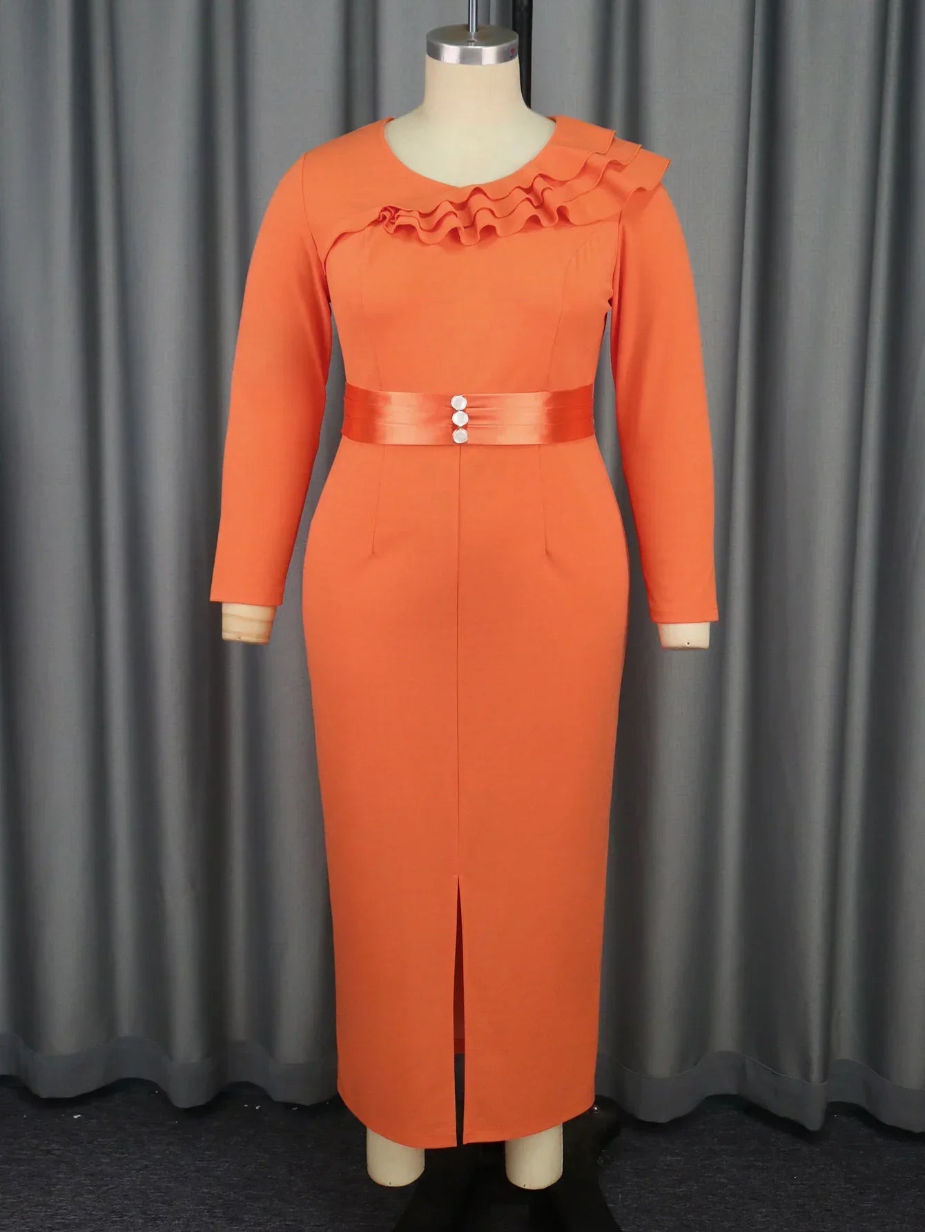 Orange Sheath Long Dresses for Women O Neck Ruffles Long Sleeve High Waist Package Hip Front Slit Office Evening Party Dress New