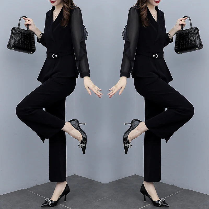 Maxy Women Oversize Solid Pants Sets New Spring Clothes Elegant V-Neck Long Sleeve Tops High Quality Female 2Pcs Outfits Suits