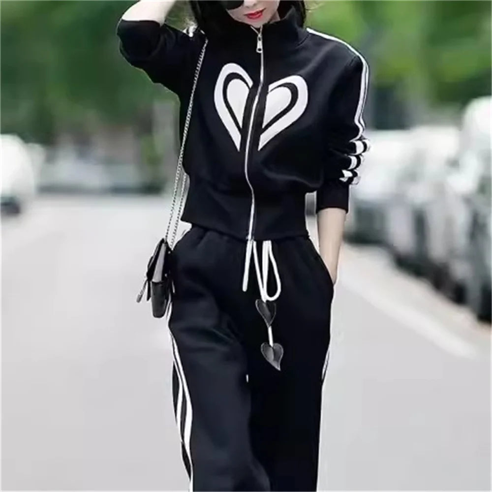 Maxy European Leisure Sports Set Women's Spring and Autumn New Fashion High-grade Slim Wide-Leg Pants Two-piece Suit Tide