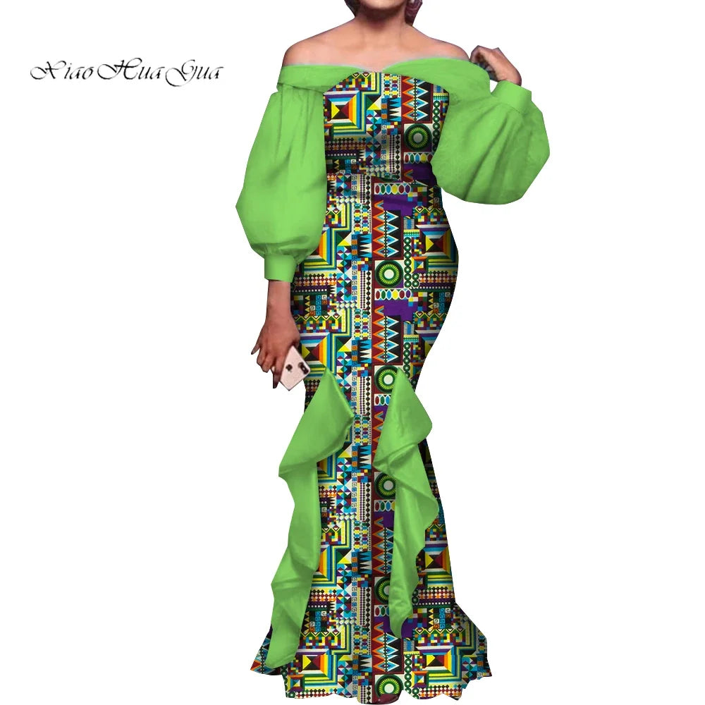 Amay Fashion Women Ankara Dresses Flash Neck Puff Sleeve Long Dress African Dress Robe Africaine Femme Evening Mermaid Dress WY1848