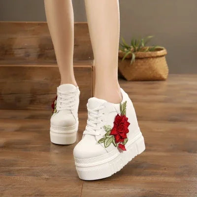 Maxy Embroidered Flowers Canvas Sneakers Autumn Women High Wedge Sneaker Fashion White/black/red Platform Woman's Sports Casual Shoes