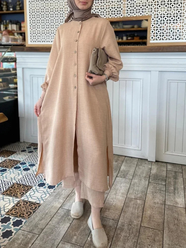 Maxy Muslim Dress for Women Blouse 2 Piece Set Long Sleeve Abaya Shirt Wide Leg Pant Suits Arabic Dubai Dresses Musulman Ensembles