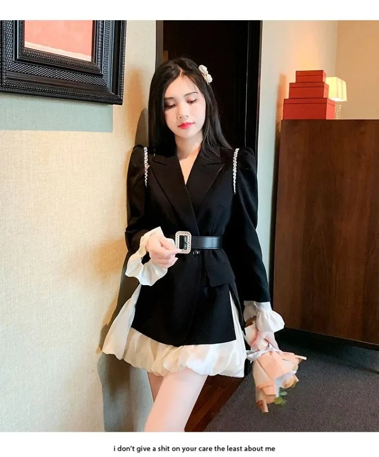 Maxy Elegant Vintage Diamond Slim Fit Long Sleeve Black Coat Women+ High Waist Patchwork Skirts Early Autum New Two Piece Sets