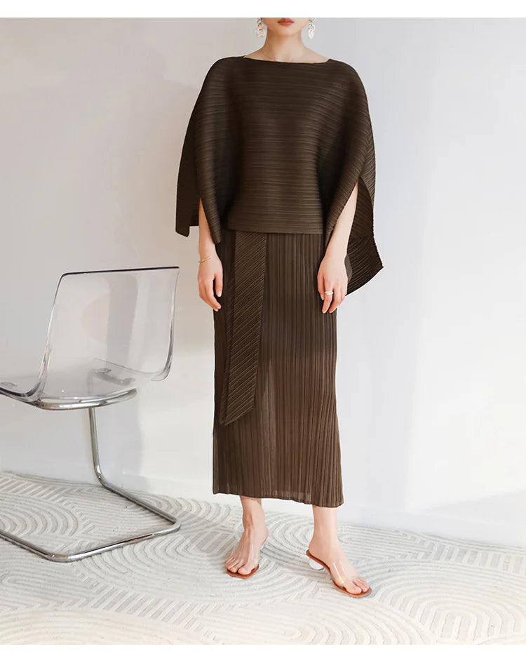 Amay Pleated cape suit summer new fashion suspender skirt+irregular lace-up shawl two-piece set [x244]