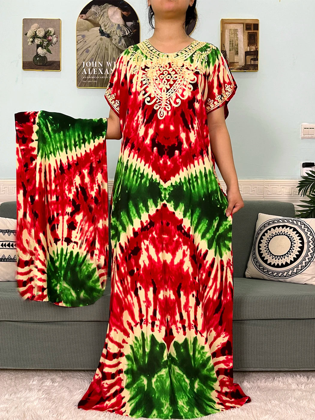 Maxy Muslim Cotton Abayas For Women Appliques Printed Caftan Marocaine Femme Robe Boubou African Islam Dresses With Headscarf