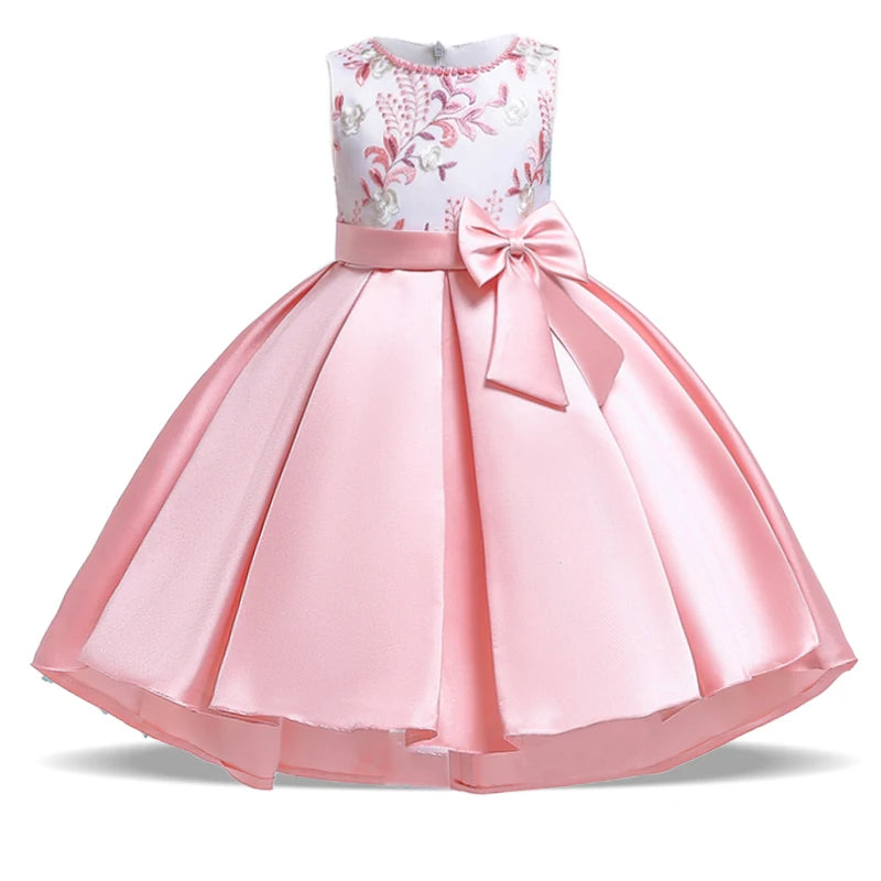 Maxy Princess Summer Bow Embroidery Kids Party Dress for Girl Child Costumes Elegant Tailing Flower Wedding Princess Dresses Vestidos 3-10 Yrs