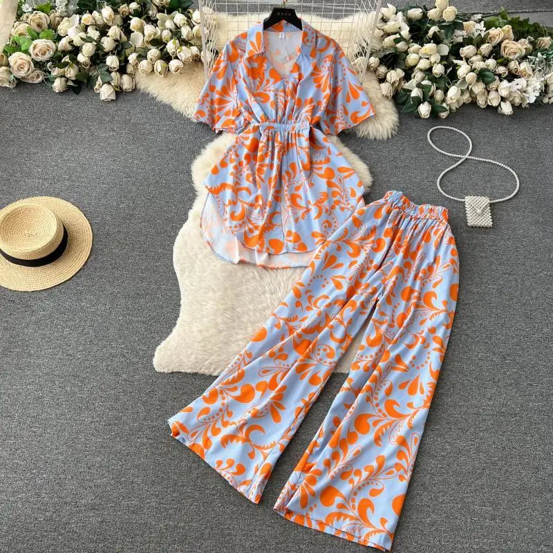 Maxy Fashion Floral Two Piece Set For Women Print Short Sleeve Lapel Tops+High Waist Wide Leg Pants 2 Pieces Sets Summer Suit