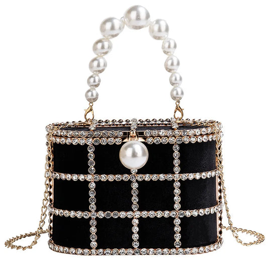 Maxy Luxury Diamond Metal Bucket Pearl Handle Women Party Clutch Purses and Handbags French design Ming Ai Wedding Chain Shoulder Bag