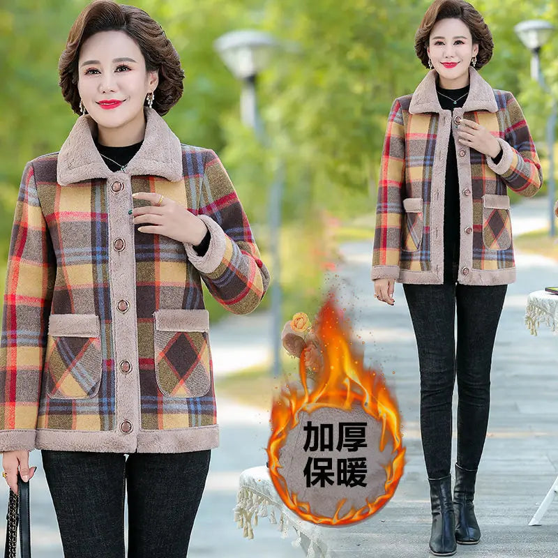 Middle-aged Mother New Cashmere Coat Autumn Winter Thick Warm Plaid Lambswool Jacket Female Add Velvet Parkas