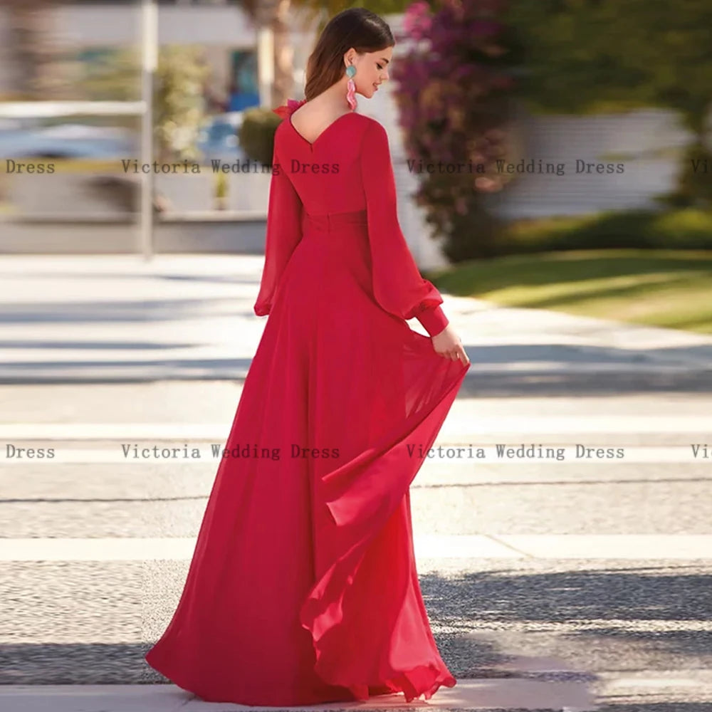 Amay Elegant Chiffon Mother of the Bride Dresses Customized V Neck Long Sleeves Wedding Party Gowns A-Line
