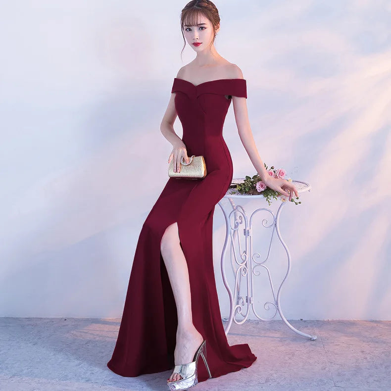 Maxy Evening Dresses Black Stretchy Off the Shoulder Zipper Back Mermaid Trumpet Slit Floor Length Women Party Formal Gowns YE006