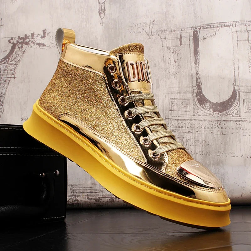 Amay Fashion Y2K boots for men shine leather metal decoration high top boot luxury shoes hairdresser Casual Male sneakers Botines