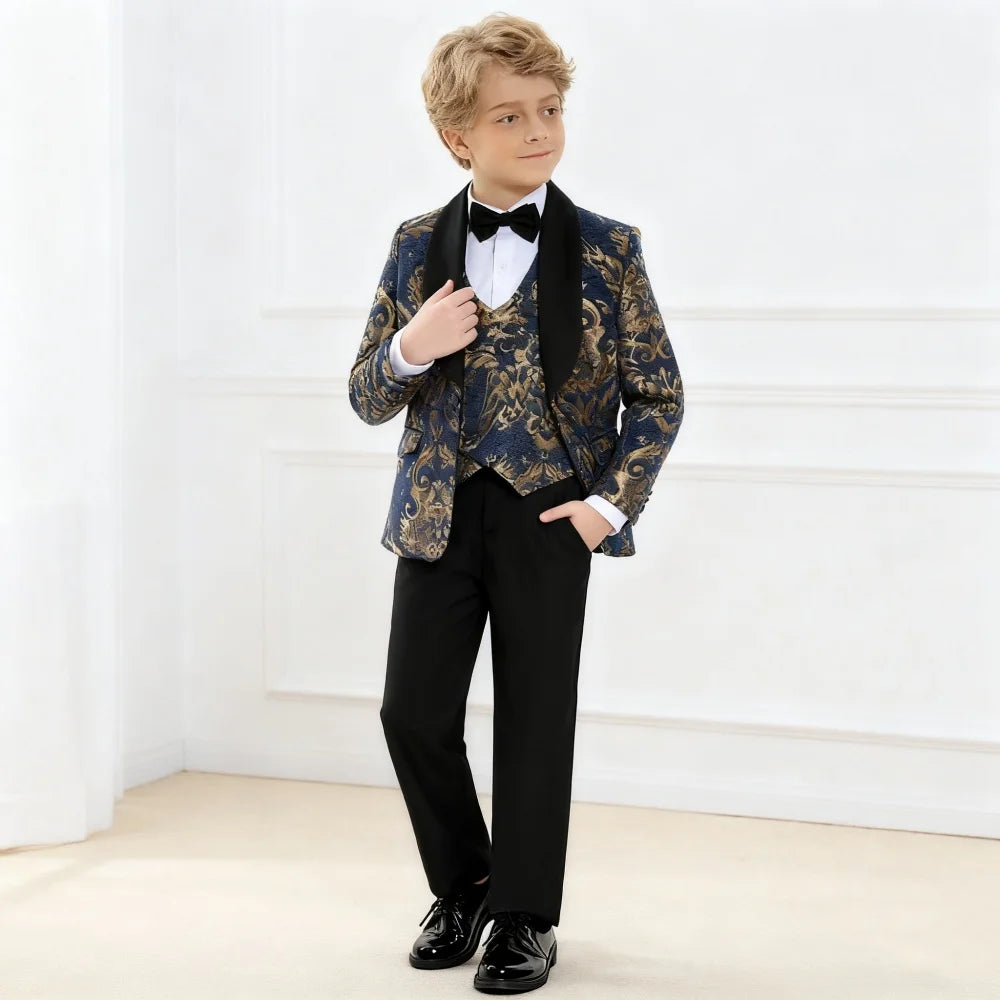 Visco Handsome Boys' Evening Dresses, Boys' Costume Suit, Children's Wedding Suit For Boys, Navy Blue Floral Blazer, Kids' Prom Suits
