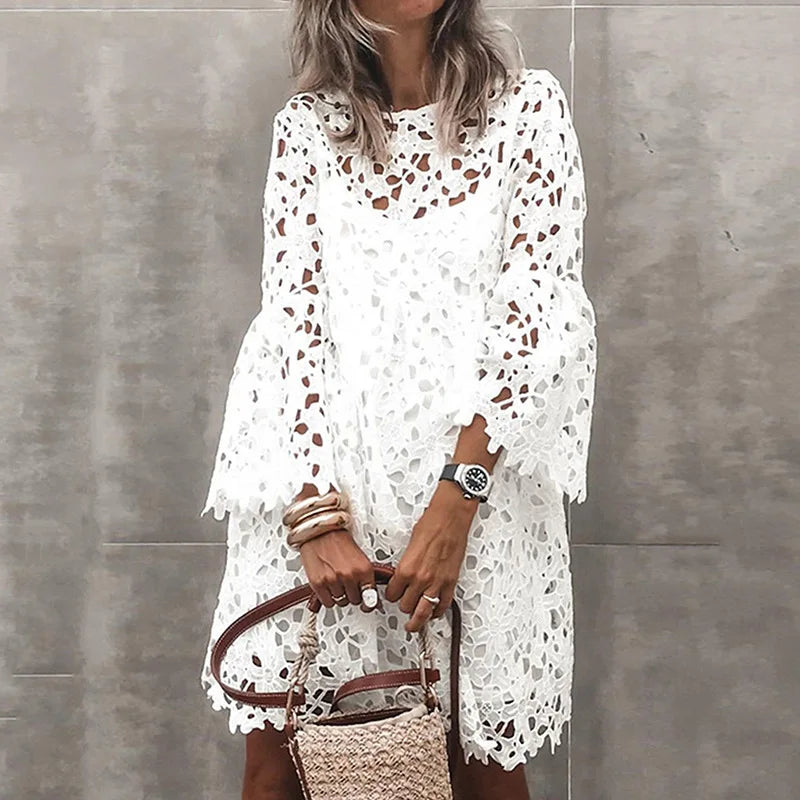 White Lace Two-piece Women's Set Fashionable Round Neck Petal Long Sleeved See Through Dress Summer Women's Vacation Beach Vest