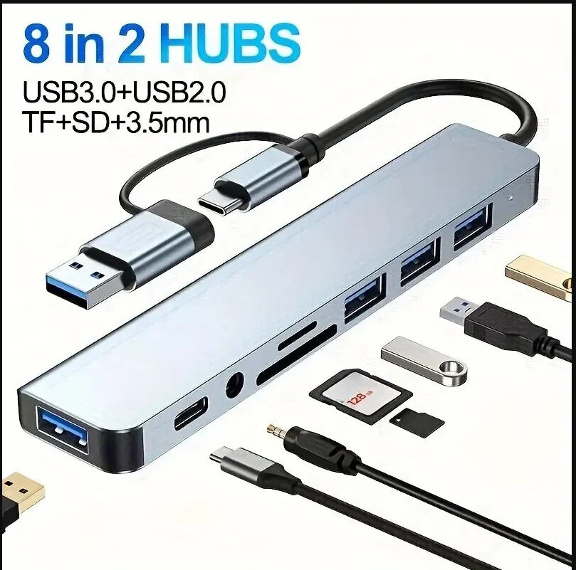 8 in 2 Type C USB HUB Docking Station with 3.5mm Audio Jack for Micro SD Card Reader MacBook Laptop Tablet Phone Disk Converter