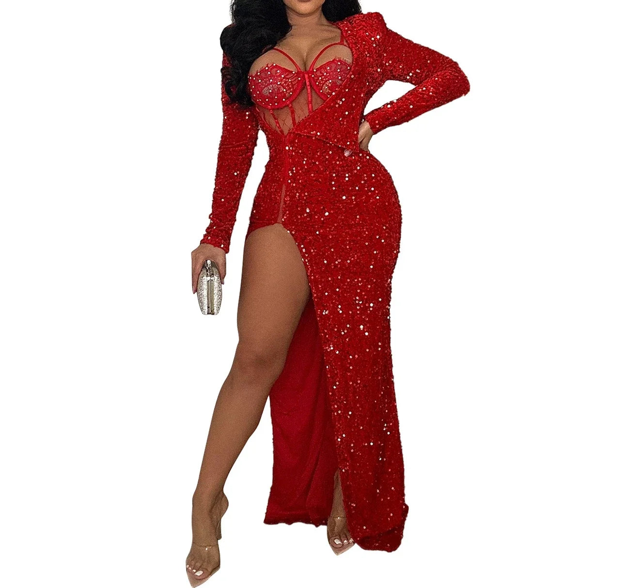 Amay Luxury Dresses Women Sequin Elegant Party Dresses Woman Long Slit Dress Sexy Cocktail Prom Formal Evening Dresses HXY518