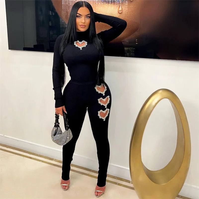 Amay Diamonds Loving Heart Hollow Out 2 Piece Sets Women Outfit Clubwear Knitted Fabric Skinny Top and Pants Suit Matching Sets