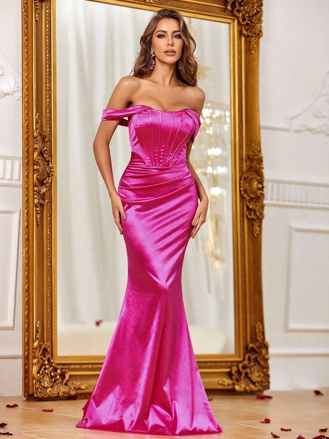 Amay Elegant Pleated Off Shoulder Satin Mermaid Party Dress & Evening Dress