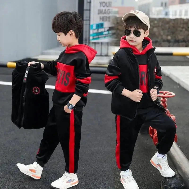 Maxy 2024 winter Boys tracksuit Autumn Toddler Teenager Clothes vest velvet jacket + Sweatishrt hooded + Pant Children Kids 4 12 year