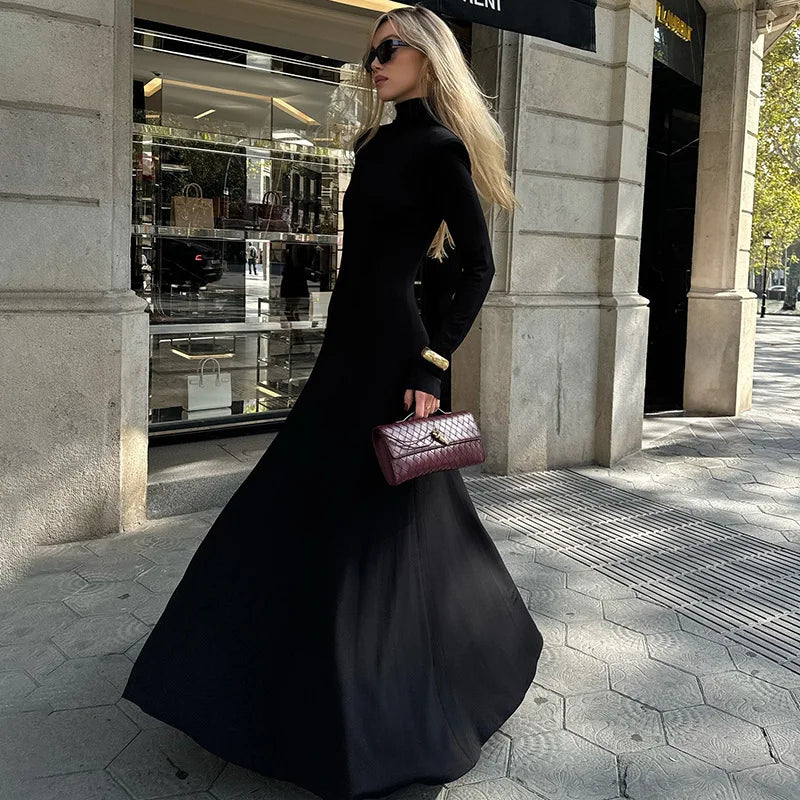 Maxy Autumn Elegant High Collar Evening Dresses Women Black Long Sleeves Backless Dress Fashion Bodycon Banquet Dress