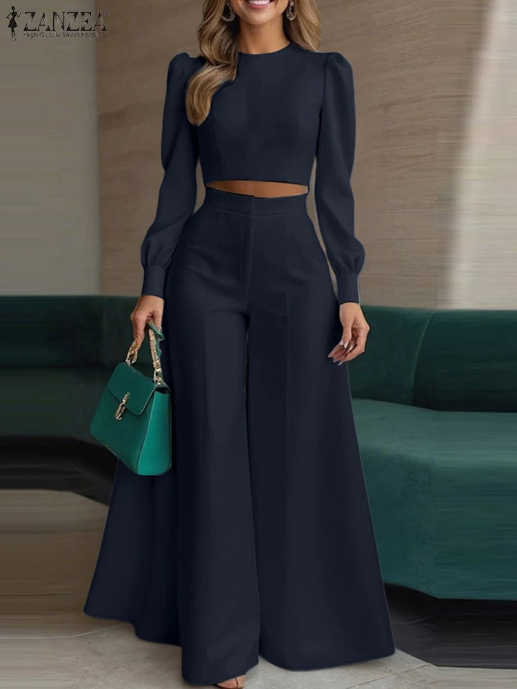 Maxy ZANZEA Autumn 2PCS Outfits Women Pant Sets Solid Tracksuits Suit Long Sleeve Cropped Tops Wide Leg Trousers Matching Sets